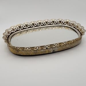 Vintage Ornate Gold Filigree Vanity Mirror Tray with Velvet Base & Hanging Tab